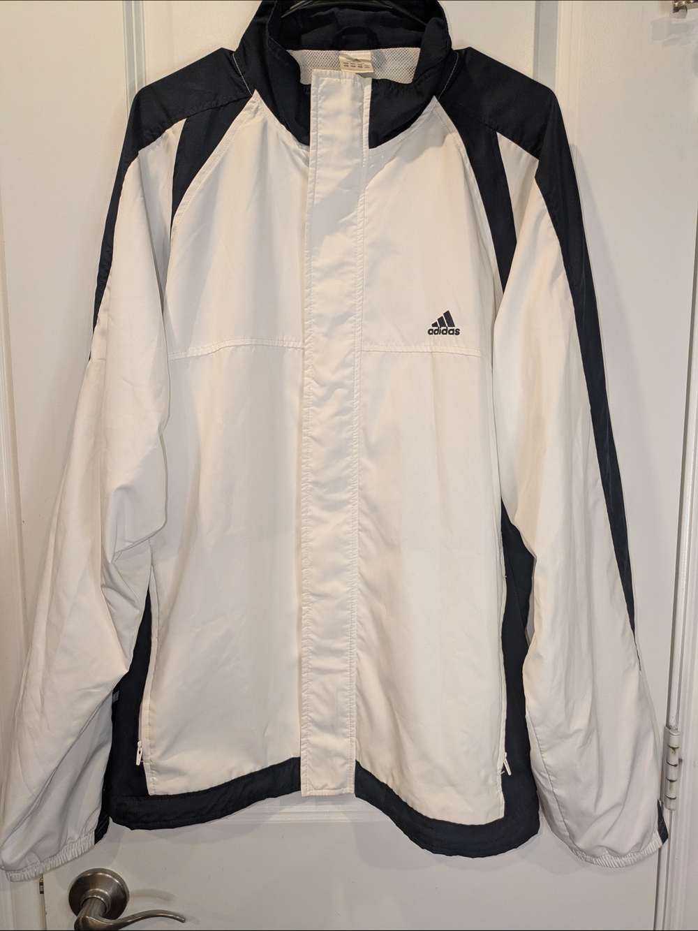 Adidas Windbreaker Jacket Men’s Large White Black Full Zip Lightweight Athletic